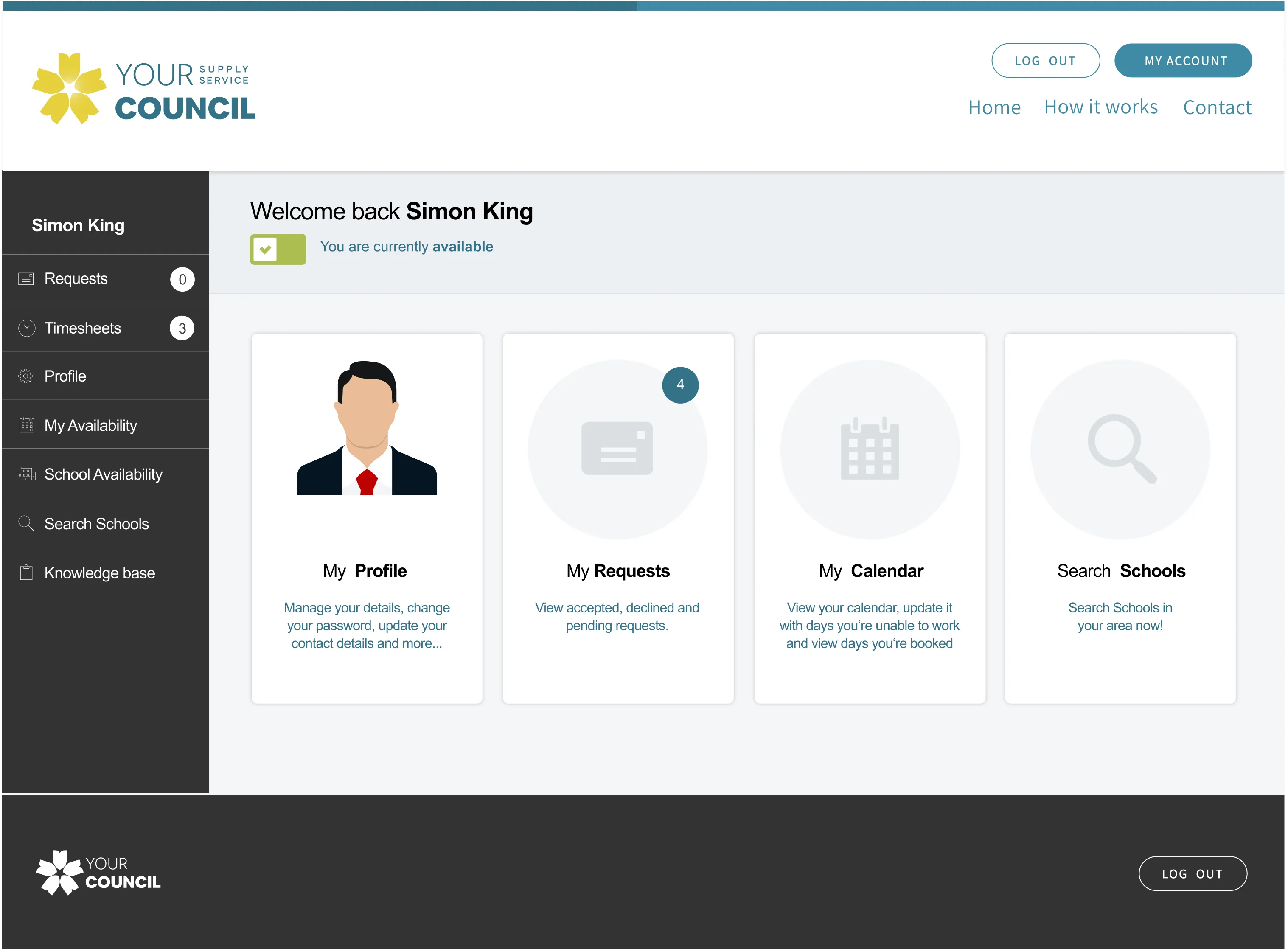 The Your Council Supply Service supply staff dashboard showing a welcome screen for Simon King with quick links to My Profile, My Requests, My Calendar, and Search Schools, part of the platform built by DotPerformance for Kirklees Council